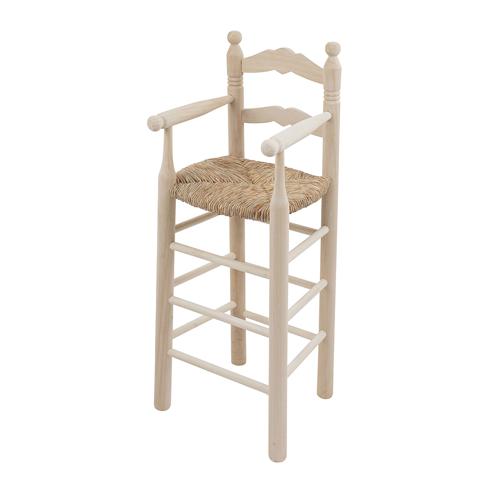Hoher Kinderstuhl aus Holz mit Binsensitz