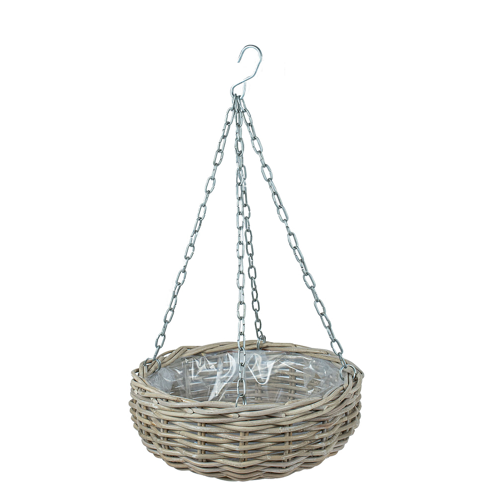 H&auml;ngekorb &ndash; graues Rattan mit Kette
